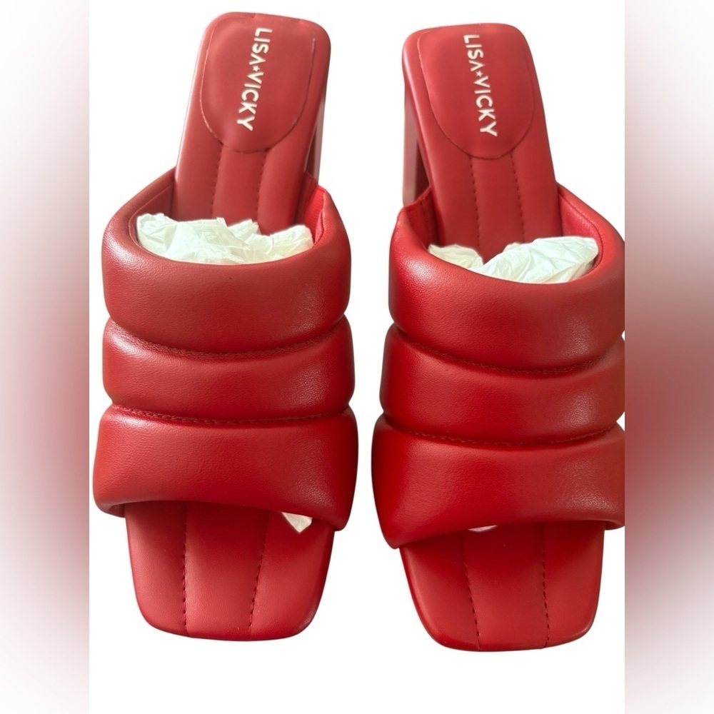 Red Block Heel Mules with Wide Straps - Picture 3 of 7